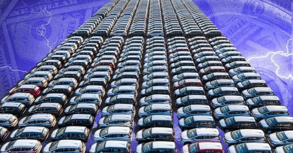 A few dozen rows of newly manufactured cars photographed from above and transposed on an ominous purple background featuring lightning bolts and dollar bills.